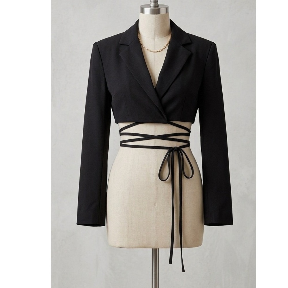 Motel Rocks Black Cropped Tie Waist Blazer Jacket Small Long Sleeve Wrap Top‎